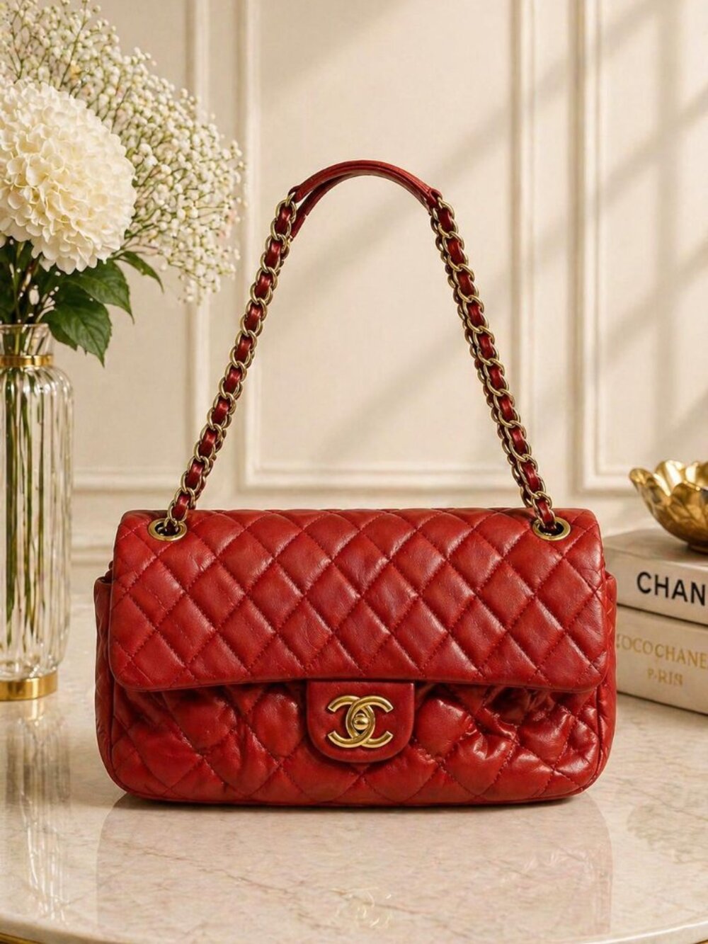 Authentic Chanel Quilted Flap Bag Red Leather Gold Chain Shoulder Bag Luxury